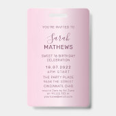 Badge Invitation Anniversaire VIP Rose Pailleté 16 Ans F (Arrière)