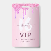 Badge Invitation Anniversaire VIP Rose Pailleté 16 Ans F (Avant)