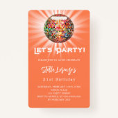 Badge Invitation d'anniversaire de la fête Disco corail (Devant)