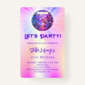 Badge Invitation d'anniversaire Disco party rose hologra (Devant)