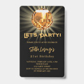 Badge Invitation d'anniversaire disco soirée or noir (Avant)
