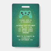 Badge Invitation d'anniversaire Green Gamer VIP Pass (Arrière)