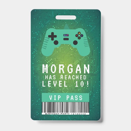 Badge Invitation d'anniversaire Green Gamer VIP Pass (Avant)