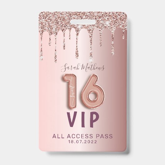 Badge Invitation d'anniversaire rose gold pailleté pour  (Avant)