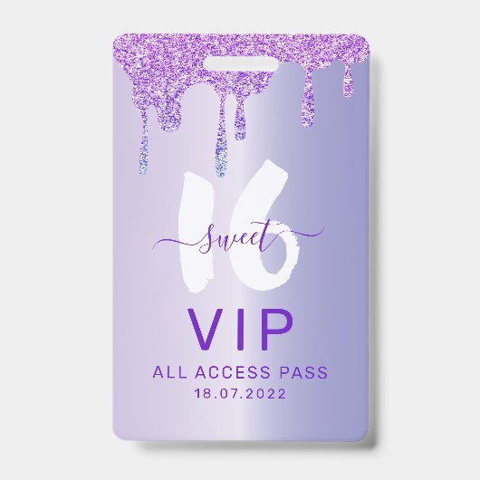Badge Invitation d'anniversaire Sweet 16 pailletée avec  (Avant)