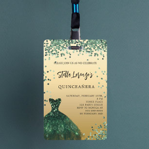 Badge Invitation de robe émeraude verte et or pour Quinc