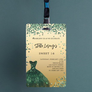 Badge Invitation de robe verte émeraude dorée pour Sweet