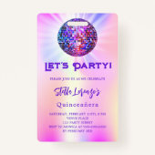 Badge Invitation Disco rose holographique Quinceanera (Devant)