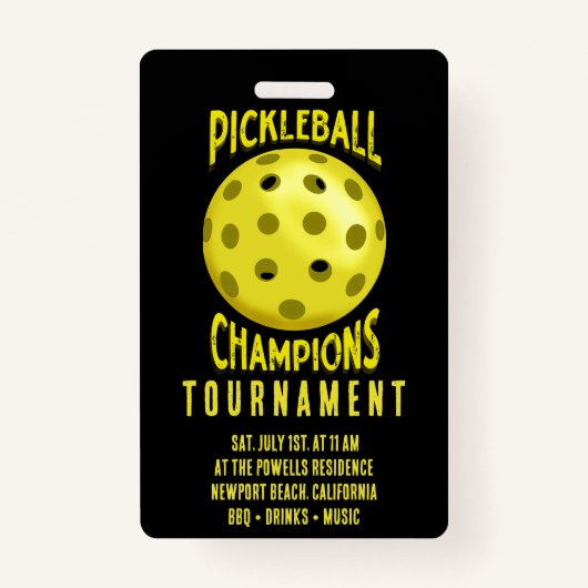 Badge Invitation du tournoi de Pickleball Jaune Noir (Devant)