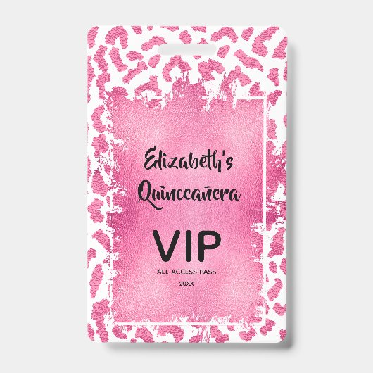 Badge Invitation Quinceañera VIP Pass Léopard Rose Blanc (Avant)