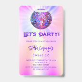 Badge Invitation rose holographique pour Sweet 16 disco (Avant)