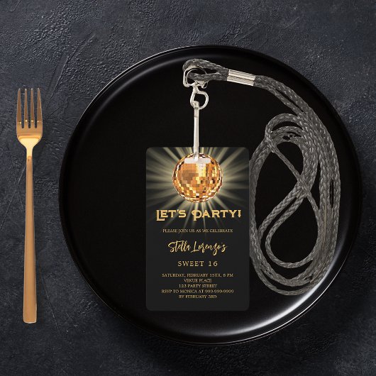 Badge Invitation Sweet 16 soirée disco or noir doré