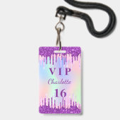Badge Invitation VIP anniversaire arc-en-ciel pailleté v (Avant avec lanière)