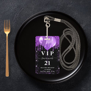 Badge Invitation vip ballon noir violet anniversaire