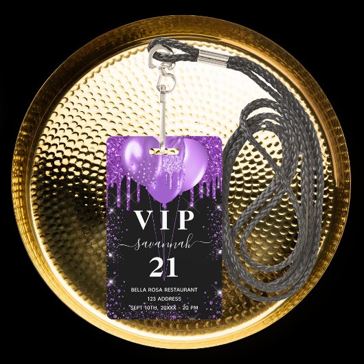 Badge Invitation vip ballon noir violet anniversaire