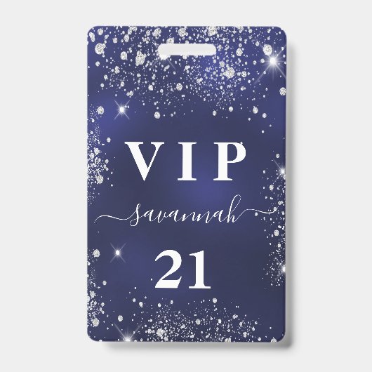 Badge Invitation vip d'anniversaire bleu marine pailleté (Avant)