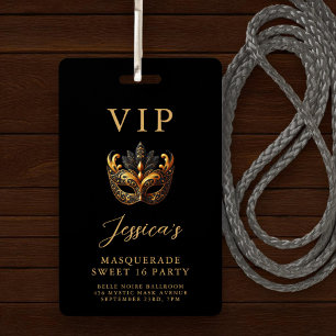 Badge Invitation VIP Mascarade Noir et Or pour les 16 an