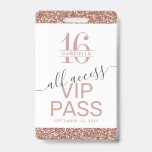 Badge Invitation VIP Rose Gold Rose Blanc pour Sweet 16<br><div class="desc">Badge d'invitation VIP personnalisé en rose gold avec paillettes sur fond blanc et gris pour les 16 ans, peut être personnalisé avec le nom de chaque invité ou un monogramme pour la jeune fille qui fête ses 16 ans. Les détails de l'invitation de fête sont imprimés au verso avec une...</div>