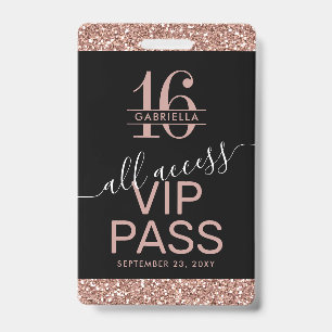 Badge Invitation VIP Sweet 16 Noir Paillettes Or Rose