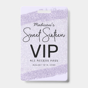Badge Invitation VIP Sweet 16 Pinceau Pailleté Lavande