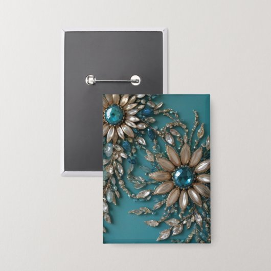 Badge Iridescent teal glass beads rectangle button (Recto/Verso)