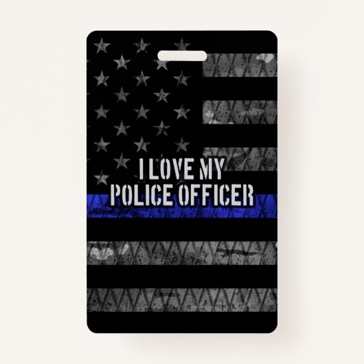 Badge J'Aime Mon Policier Mince Ligne Bleue Distresse (Devant)