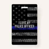 Badge J'Aime Mon Policier Mince Ligne Bleue Distresse (Dos)