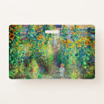 Badge Jardin aux fleurs de Monet<br><div class="desc">Insigne représentant la peinture à l’huile de Claude Monet Le jardin de l’artiste à Vétheuil (1880). Des tournesols et d'autres belles fleurs bleues et rouges bordent un chemin de jardin où les enfants se promènent agréablement. Un grand cadeau pour les amateurs d'impressionnisme et d'art français.</div>