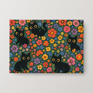 Badge Jardin d'art Kawaii   Motif floral de chat noir mi