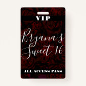 Badge Jardin foncé Rouge Fleurs romantiques Sweet 16 VIP (Dos)