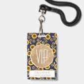 Badge Jaune Soleil Or Marine Motif Feuilles Tournesols (Avant avec lanière)