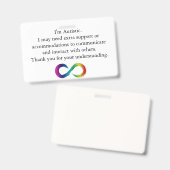 Badge "Je suis autiste" Carte de communication (Avant & arrière)