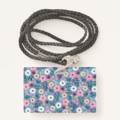 Badge Joli bleu rose fleurs Botanique (Derrière avec lanière)