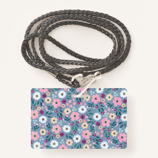 Badge Joli bleu rose fleurs Botanique (Devant avec lanière)