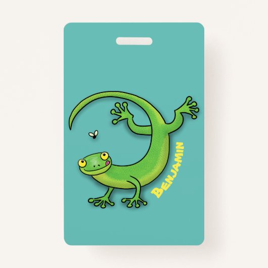 Badge Joli gecko vert salutations avec dessin animé (Devant)
