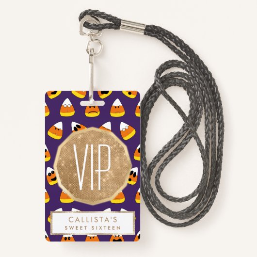 Badge Joli orange violet Halloween Emoji Candy Corn (Devant avec lanière)