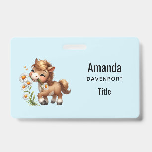 Badge Joli poney mangeant des marguerites