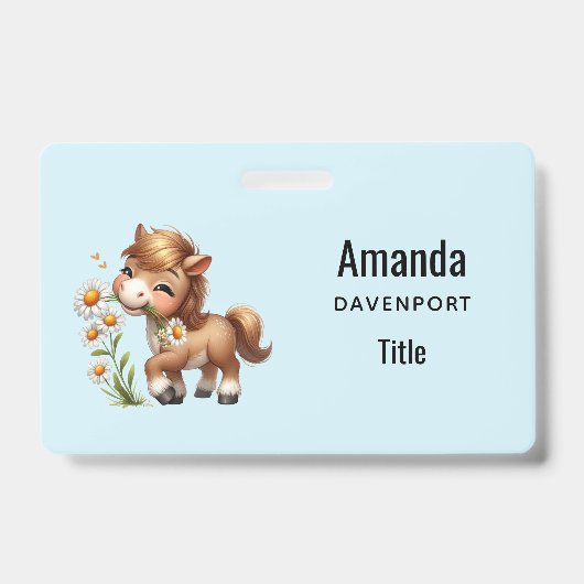 Badge Joli poney mangeant des marguerites (Avant)