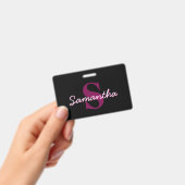 Badge Joli script de monogramme personnalisable rose et  (Manuel / portable)