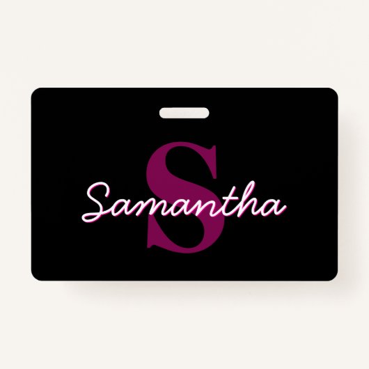 Badge Joli script de monogramme rose et noir personnalis (Devant)