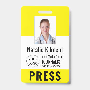 Badge Journaliste Passe Photo Nom Logo ID Jaune
