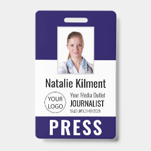 Badge Journaliste Passe Photo Nom Logo ID Marine Blue