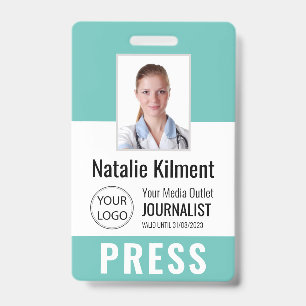 Badge Journaliste Passe Photo Nom Logo ID Turquoise