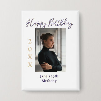 Badge joyeux 15e anniversaire photo nom année t violet p