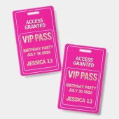 Badge Laisse passer VIP anniversaire adolescente (Avant & arrière)