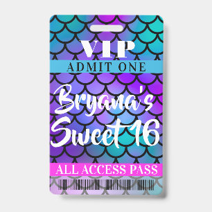 Badge Laisser-passer VIP Fête Sweet 16 Sirène Rose Viole