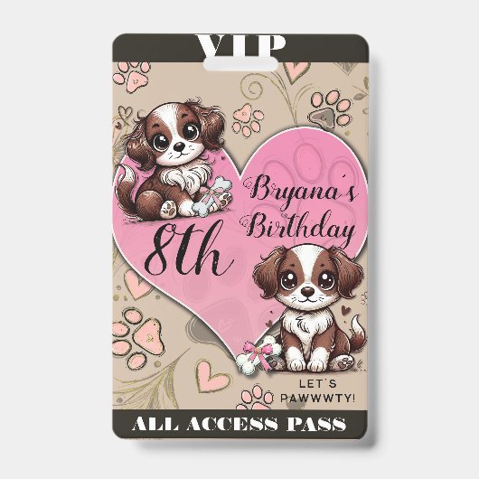 Badge Lanière VIP Anniversaire Chien Marron Patte Rose & (Avant)