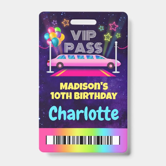 Badge Lanyard d'anniversaire Pass VIP Pink Limo (Avant)