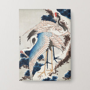 Badge L'art japonais de Hokusai Deux grues Pin neigeux