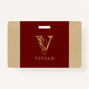 Badge Lettre or fantaisie V Monogramme sur rouge et cart